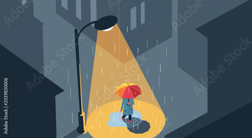 Konstfotografi Lonely person in rain under street lamp with colorful umbrella