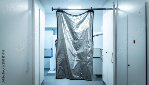 Heavy lead apron for X-ray protection hanging on a designated rack in a medical facility