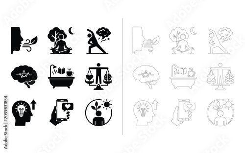 Mental Wellness and Self Care Icons Set in Silhouette and Outline Styles Featuring Mindfulness, Meditation, Stress Management, Emotional Balance and Personal Growth Concepts