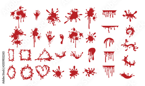 Comprehensive collection of red blood splatters, drips, handprints, and stains. Realistic liquid splashes for horror and crime concepts. Fully editable vector EPS for creative design projects. Megaset