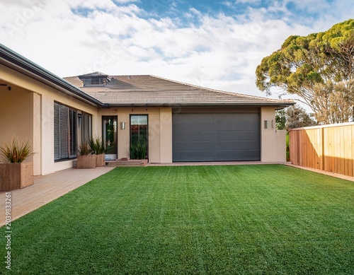 the front yard of a contemporary australian home or residential building showcases artificial grass lawn turf with timber edging