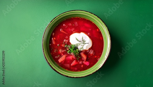 traditional ukrainian beet soup borscht on the green background top view copy space for text