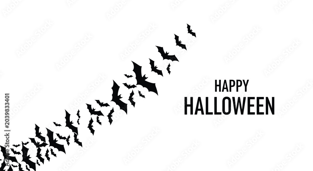 Obraz premium Trail of black bats flying diagonally across a white background with the text happy halloween in black font.