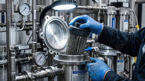 Technician water filter cartridge industrial replacement maintenance pipeline valve stainless steel, gloved hands replace industrial water filter cartridge stainless steel filtration system