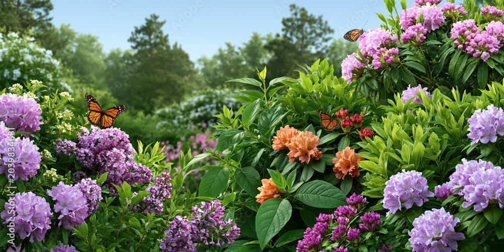 Obraz premium A vibrant garden full of blooming flowers and fluttering butterflies captures the essence of spring, symbolizing renewal, growth, and the beauty of nature's palette.