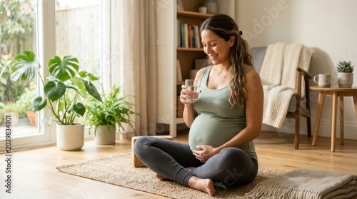 Pregnant woman drinking water maternity hydration home sitting yoga mat wellness healthy lifestyle indoor portrait, serene mother to be relaxing floor with glass of water bright living room with