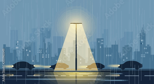 Rainy City Street at Night with Cars and Streetlight Illumination