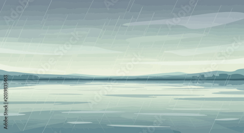 Fotografie Pixel art landscape with rain falling over a calm lake and distant hills under a cloudy sky