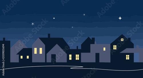 Tableau sur toile Cozy Neighborhood at Night: Silhouette Houses with Glowing Windows Under Starry