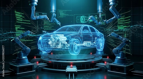 Futuristic car hologram design projected by robots in technological laboratory showing engine and chassis components blueprints with digital data.