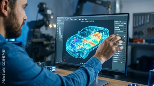 Engineer analyzing digital 3d car model on computer screen showing internal components and chassis optimization with color heatmap data for automotive design and simulation.
