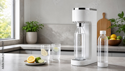 Sparkling water maker with blank bottles on counter