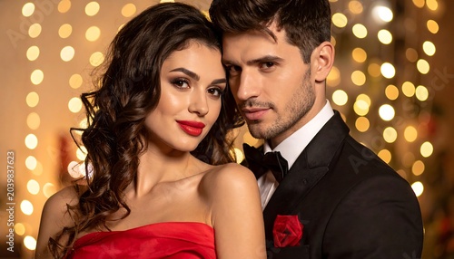 Romantic couple in elegant attire, sparkling background