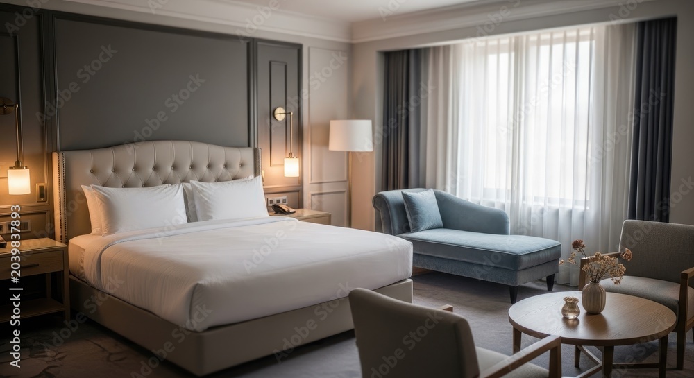 Fototapeta premium Luxurious Hotel Room Interior with Comfortable Bed and Elegant Furnishings.