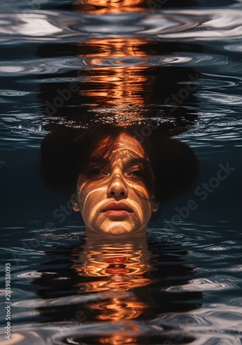 Woman's Face Submerged in Water with Sunlight Reflections