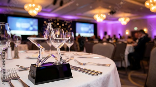 Crystal star award trophy on table at gala dinner event banquet room with blurred people background and elegant lighting for business recognition ceremony night.