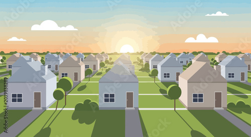 Quadro su tela Suburban neighborhood at sunrise, rows of identical houses, real estate, communi