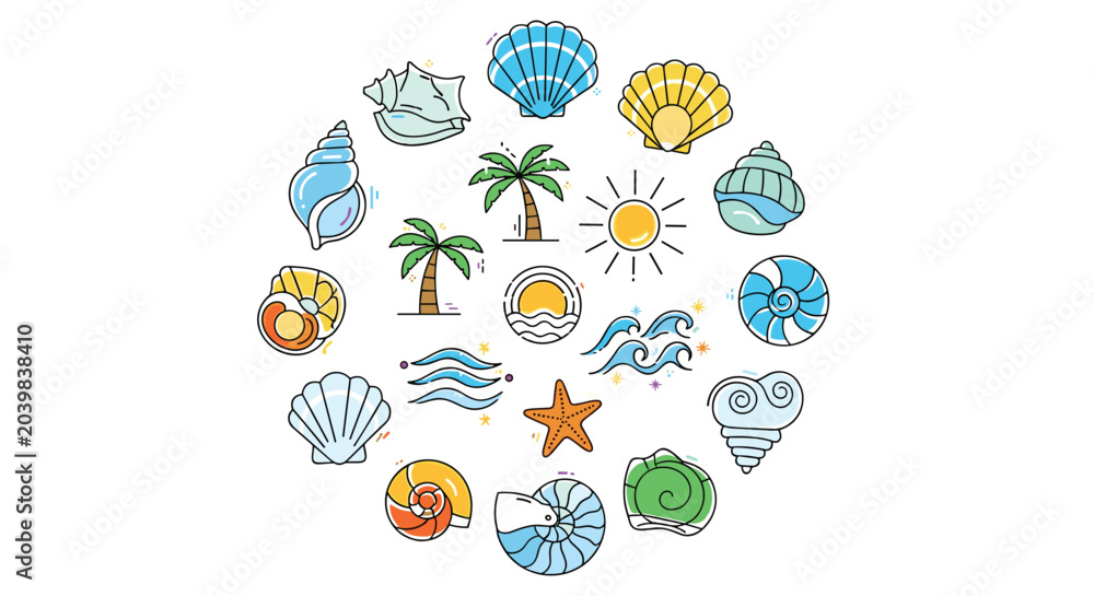 Fototapeta premium Circular arrangement of tropical beach icons featuring diverse sea shells, palm trees, ocean waves, a bright sun, and a starfish.