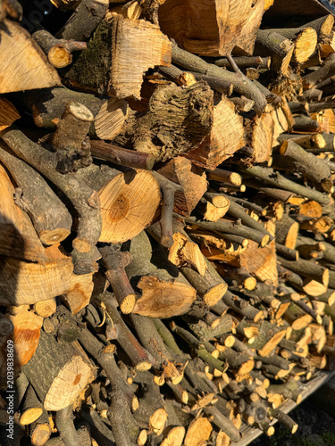 background of stacked firewood in sunlight