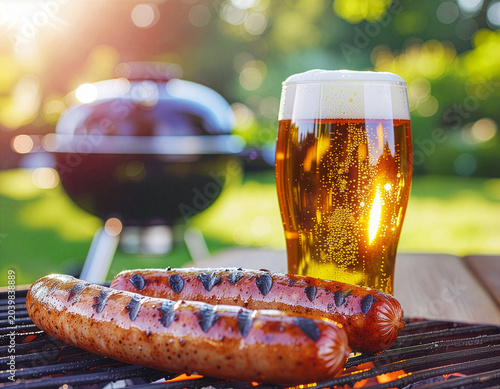 Piwo kiełbasa i grill w ogrodzie