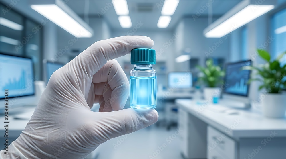 Fototapeta premium Scientist holding small vial of blue liquid in modern laboratory, medical research, pharmaceutical development, vaccine testing, scientific discovery.