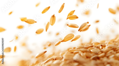 Falling golden grains on white background, raw cereal seeds for healthy food