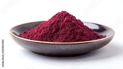 Vibrant red superfood powder in a small ceramic bowl on a clean white background