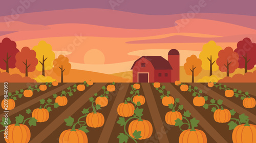 Photos Autumn Pumpkin Patch Landscape with Red Barn and Silo at Sunset, Flat Vector Ill