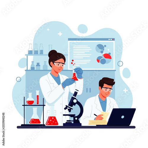Fotografía Vector flat design illustration of scientists working in a modern laboratory con