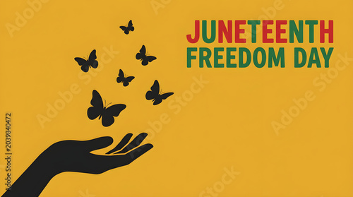 Juneteenth Freedom Day Celebration with Flying Butterflies and Bold Text