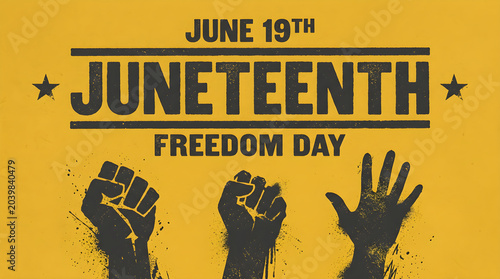 Juneteenth Celebration Scene with Raised Fists and Freedom Day Banner