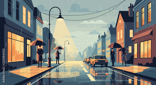 Quadro em tela Rainy City Street Scene with Umbrellas and Reflections