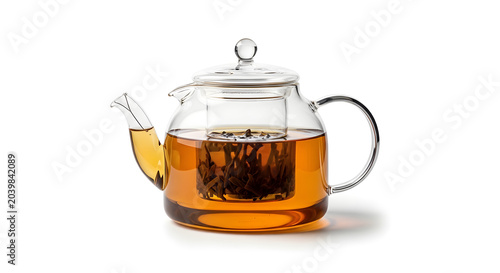 Clear glass teapot filled with brewing black tea and loose tea leaves isolated on a white background.
