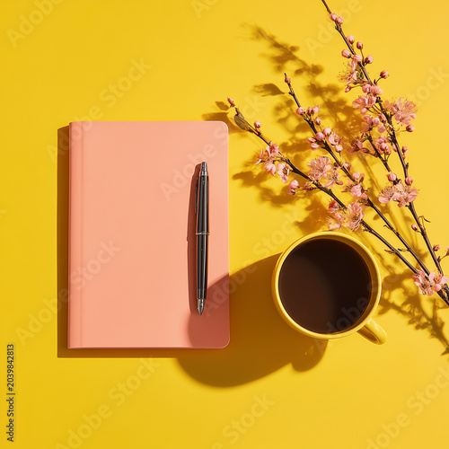 A peach notebook with a pen and a yellow cup of coffee next to a branch of pink blossoms on a bright yellow background