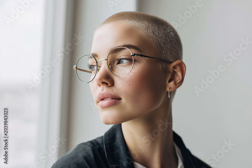 Portrait of a young woman with a buzz cut and glasses, looking away from the camera, contemplative and sophisticated