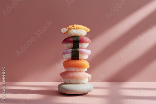 A stack of five delicious sushi on a pink background with shadows