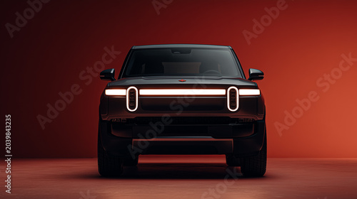 Front view of a black electric SUV with illuminated lights on a red gradient background