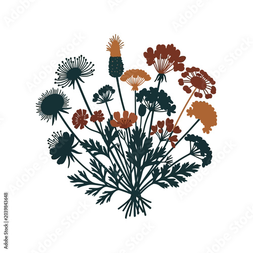 Flowers arranged in a minimalist botanical bouquet display natural elegance through a simple flat illustration style that is perfect for wedding invitations or seasonal greeting card decorative.