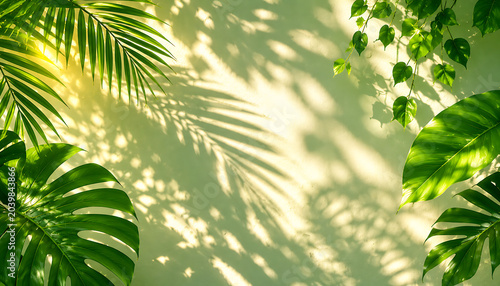 Tropical Leaf Shadow Background with Natural Sunlight and Green Botanical Aesthetic