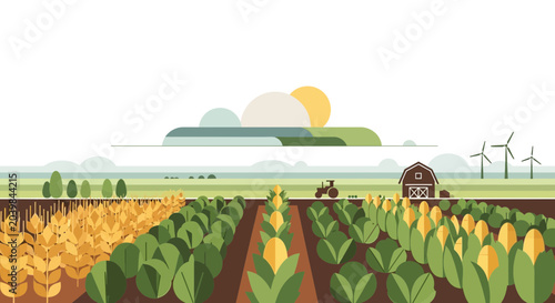 Photos Vibrant Farm Landscape with Crops, Tractor, Barn, and Wind Turbines