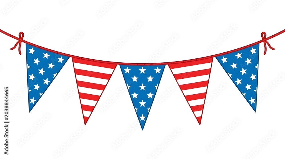 Obraz premium American flag bunting strung on a red cord against a white background celebrating independence day