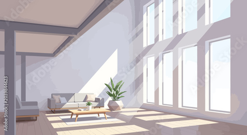 фотографія Sunlit modern living room with large windows, sofa, and coffee table, bright natural light
