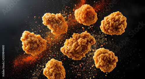Crispy fried chicken nuggets flying with exploding red pepper spices and herbs on a black background.