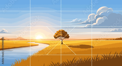 Canvas Print Pixel Art Landscape: Golden Sunrise Over River and Tree, Vast Countryside Scener