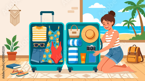 Woman packing suitcase for summer vacation trip.