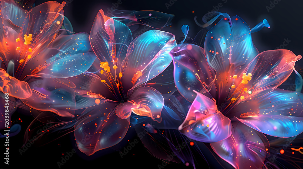 Obraz premium Bioluminescent flower exhibiting translucent petals glowing brilliantly with bioluminescent light, bokeh light particles surround flower enhancing bioluminescent atmosphere.