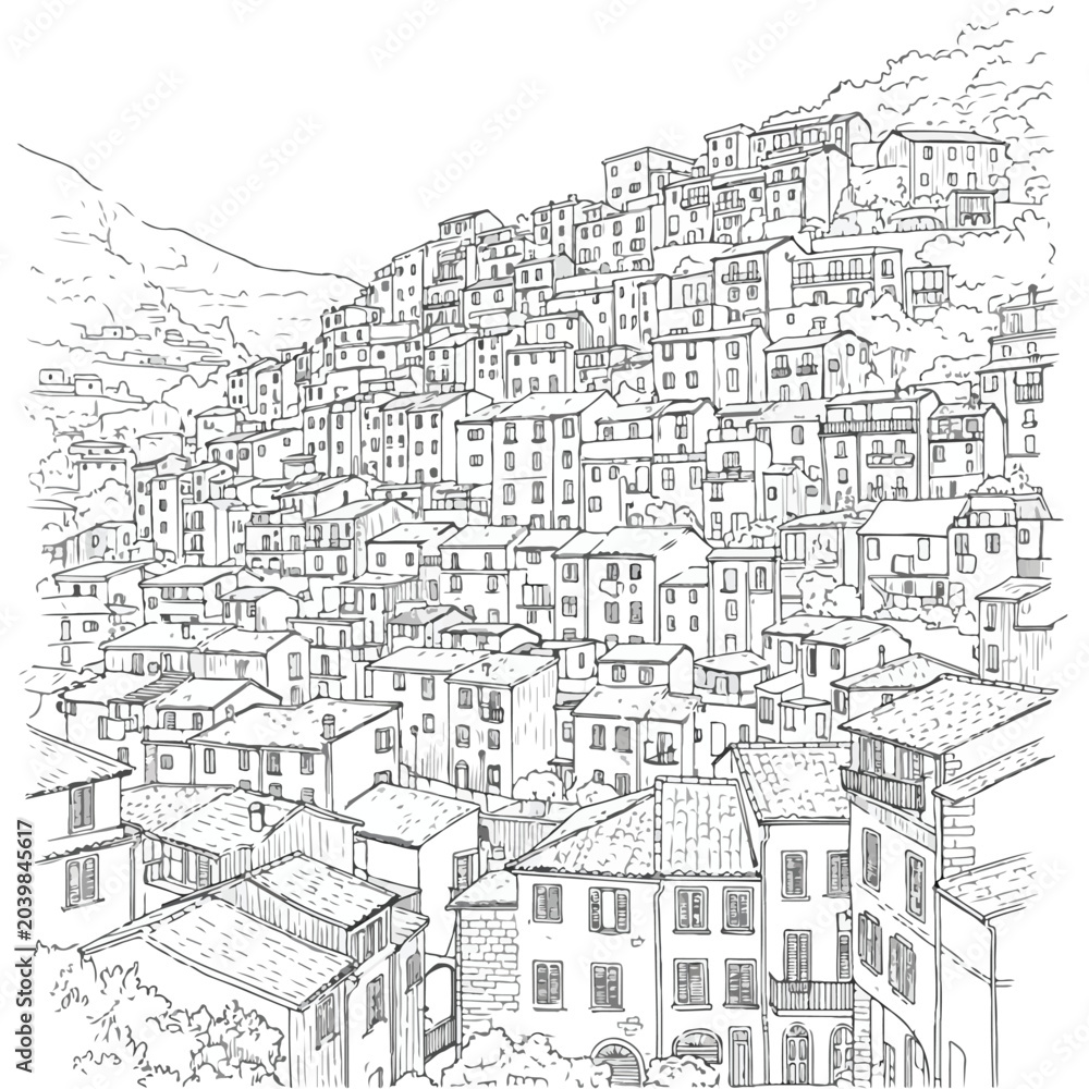 Fototapeta premium Hand drawn vector illustration of a hillside European village sketch