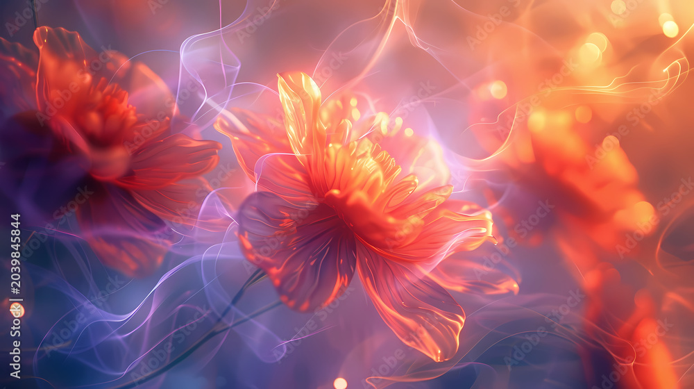 Obraz premium Ethereal flower with flowing light surrounded by flowing light energy that dances gracefully around petals, flowing light energy creates sense of magical and dynamic movement.
