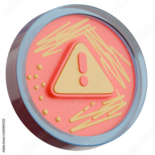 Petri Dish with Bacterial Agar Streak and Warning Sign for Biohazard or Outbreak Concept. 3d illustration.