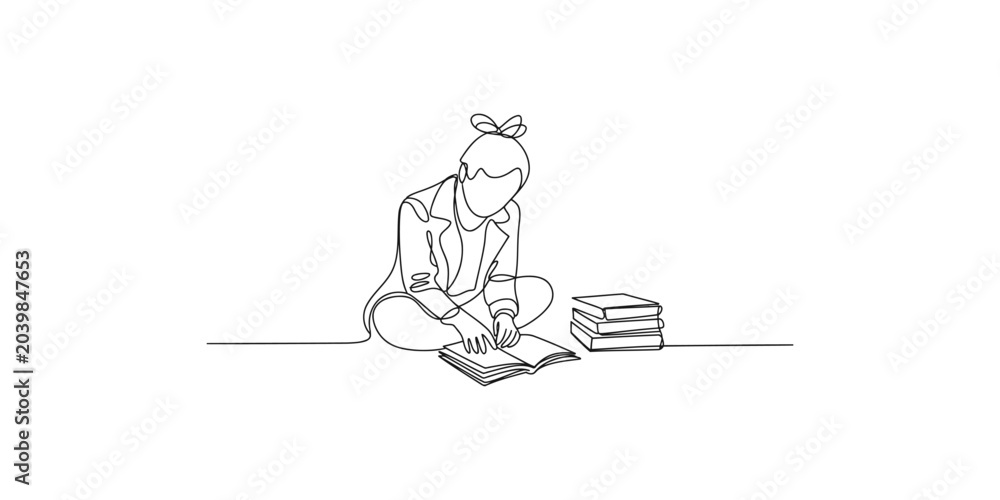 Obraz premium Continuous line drawing of a woman sitting on the floor reading a book with a stack of books next to her